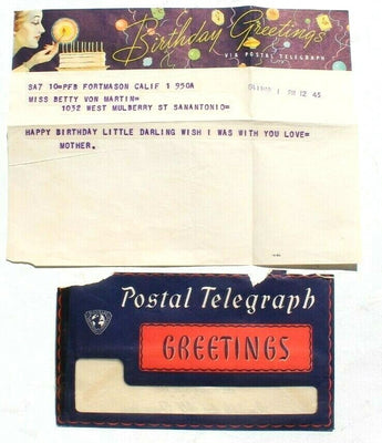 Vintage 1945 Birthday Greetings VIA POSTAL TELEGRAPH Greetings W/ Envelope