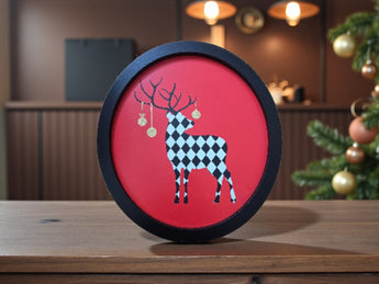 New Christmas Red Black & White Modern Checkered Deer Oval Holiday Wall Art