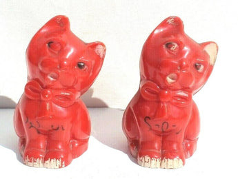 Vintage 1950's Cat Salt & Pepper Shakers Set Kitten Collectible Red Plastic