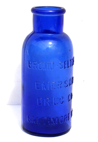 Vtg Cobalt Blue Bromo-Seltzer Emerson Drug Embossed Lettering 8 oz BOTTLE