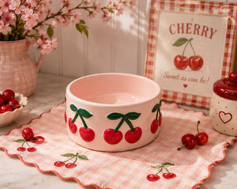 New Ceramic Pet Pink Cherry Food Water Dish Cat Small Dog Pedestal Bowl