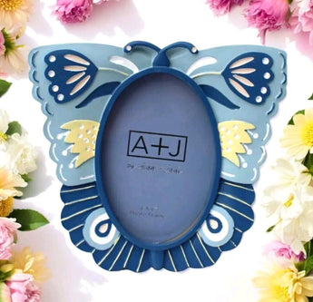 New Blue / White Butterfly Shape BOHO Photo Picture Frame 4x6 Tabletop Decor