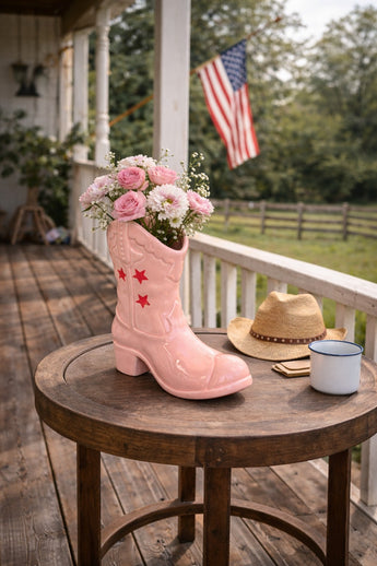New Ceramic Western Cowboy Cowgirl Boot W/ Red Stars Vase Planter Room Decor