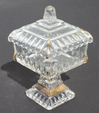 Vintage Compote Clear Cut Glass Pedestal Candy Dish w/ Gold Trim and Lid 6-1/2"