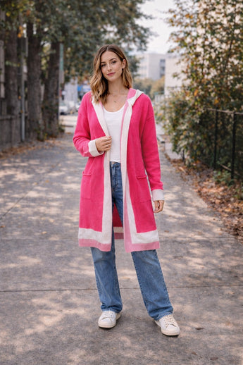 Womens Long Sleeve Knitted Pink White Sweater Jacket Casual Top W/ Hoodie Small