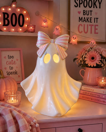 New Spooky Halloween Girly Ghost W/ Bow Ceramic Light-Up Room Decor Figurine