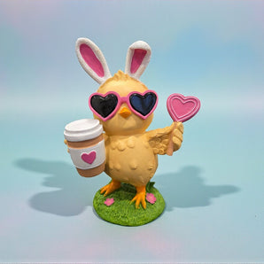 New Yellow Easter Chick Bird Holding A Coffe W/ Heart Sunglasses Figurine Decor