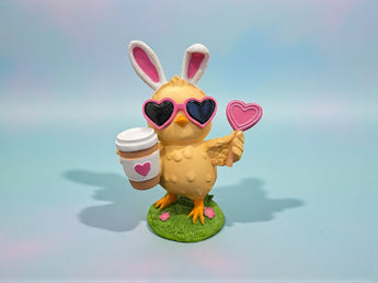 New Yellow Easter Chick Bird Holding A Coffe W/ Heart Sunglasses Figurine Decor