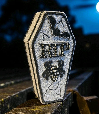 New LRG Black & White RIP Bat & Spider Halloween Beaded Coffin Box Storage Box