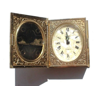 Vtg Europa Germany 2 Jewel Wind Up Book Alarm Clock W/ Photo Holders Working