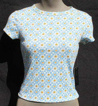 New Women's Blue Daisys Flower Power Groovy Retro Crop Top Emo Girl Indie Core