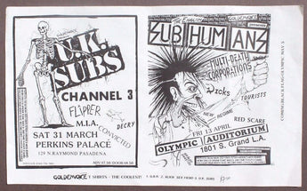 Vtg 1980's U.K. SUBS Subhumans FLIPPER Punk Rock Concert Flyer Perkins Palace