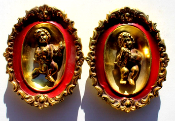 Vtg Porcelain Gold / Red Decorative Cherubs Angels Ornate Wall Hanging Figurines