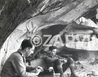 1900's U.S. Military / Army Camp Base Under Rock Boy Typing Camp Fire Photo #703