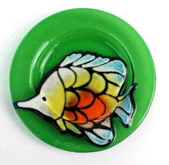 Vintage Signed Jan Michael Green Glass Fish Tropical Trinket Jewelry Plate
