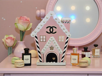 New Pink / White Christmas House Chanel W/ Pearls Shaped Wood Figure Decor