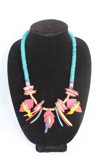 Vintage Tropical Birds Jewelry Hand Carved Wood Hawaii Flower Pendant Necklace