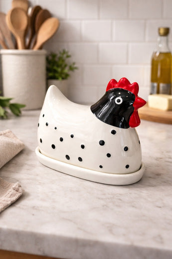 New Ceramic Hen / Rooster Spotted Farmhouse Farm Kitchen Butter Dish