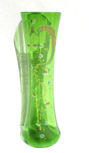 Antique Green Glass Victorian Flower Decorated Bohemian Art Glass Vase 12.5"