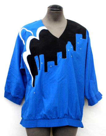 Vtg 1980s - 1990s Women's Black / Blue City Scape Retro Mod Casual Top T-Shirt