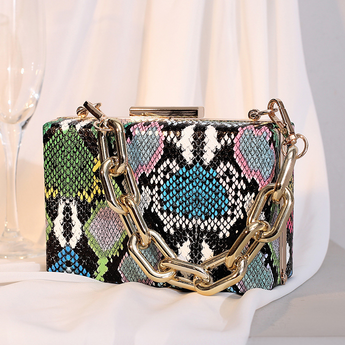 Women Fashion Snake Pattern Chain Decorative Buckle Design Square Evening Bag