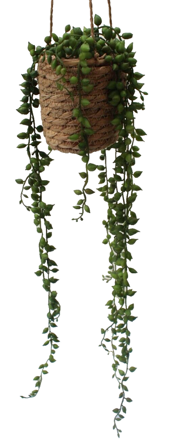 New BOHO Wicker Vase W/ Rocks Fake Hanging Plant Artificial Beaded Succulent