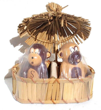 Vintage Table Top Monkeys Salt N' Pepper Set Cabana W/ Umbrella