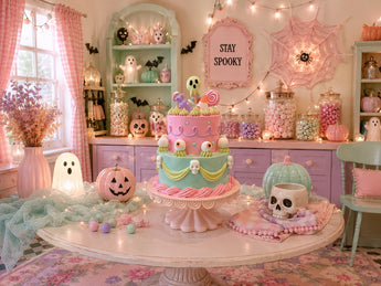 New Pastel Tiered Cake Candy Ghost Eyeball Skull Spooky Halloween Figurine Decor