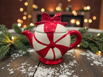 New Red / White Peppermint Christams Holiday Party Ceramic Tea Pot Teapot W/ Bow