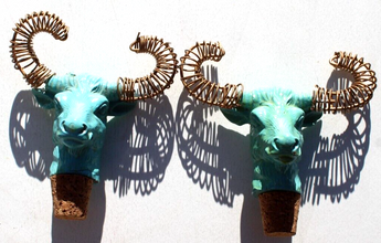 Set of 2 Vintage Teal Western Apothercary Bottles Bull Ram Stoppers Unique