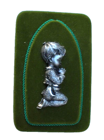 Vintage 1960's Italian Green Velvet Pewter Boy Praying On Knees Bed Side Table