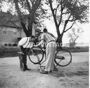 Vintage 1940s - 1950s Men Fixing A Bike Bicycle Snapshot Photo #2617