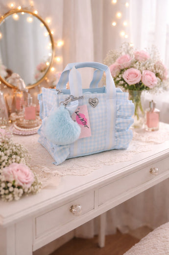 NWT! Betsey Johnson Heart LB Ruffle Baby Blue Gingham Handbag Crossbody Tote