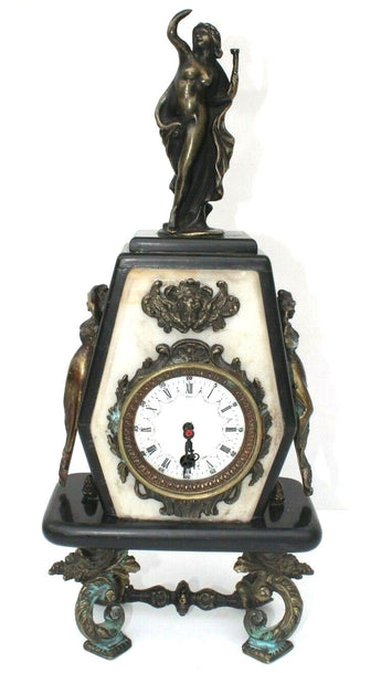 Antique ART NOUVEAU Maidens Angels Girls Marble Bronze Mantel CLOCK
