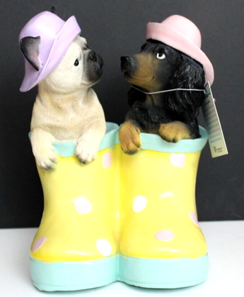 Easter Spring Dog Statue Dachshund & Pug In Rainboots Humane Society Figure