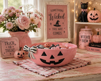 New Pink Black & White Pumpkin W/ Bow Halloween Large Salad Candy Serving Bowl