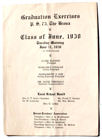 Vtg Class Of June 1938 Graduation Exercise The Bronx GRADUATION Flyer Program