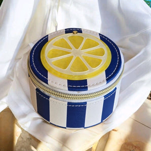 New Blue & White Stripped Beach Lemon Slice Summer Travel Jewelry Box Case