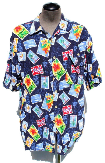 Vtg M.E. Sport Hawaiian Beach Flowers Rayon BUTTON Down Collar SHIRT Medium