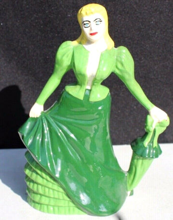 Vintage 1957 Ceramic lady In Green Dress W/ Umbrella Figurine Statue