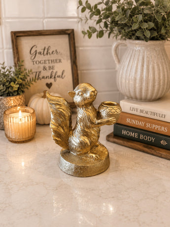 New Gold MCM Squirrel Holding A Nut Candle Holder Victorian Style Room Decor
