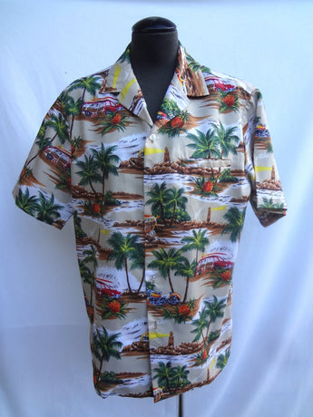 Kalena Fashions Aloha Hawaiian Camp Shirt Red Vtg Surf Woody Cars Motorcycle M