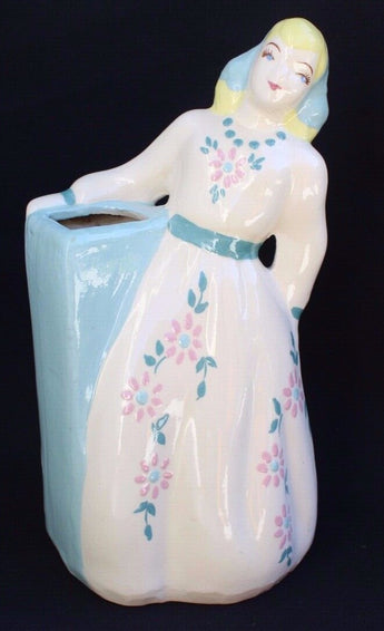 Vintage CERAMIC Girl In Dress Figurine Statue Flower Planter Vase