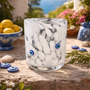 New Blue & White Spotted Evil Eye Icon Barware Beverage Glass Cup Tumbler
