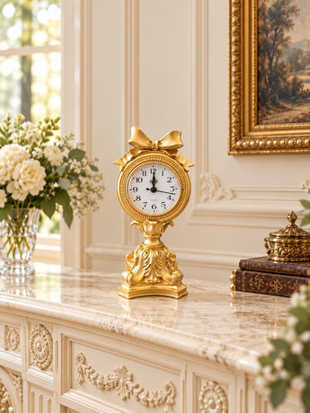 New Ornate Gold Mantel Clock W/ Bow Pedestal Table Clock Quartz Vintage Style