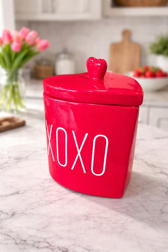 New Red Heart Shaped Valentines Day XOXO Kitchen Cookie Jar Storage Canister