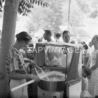 Vintage 1956 Kid Making Cotton Candy At Baseball Game Event Photo #1605