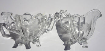Vintage Clear Glass Sugar & Creamer Etched Flowers W/ Handles and Claw Feet