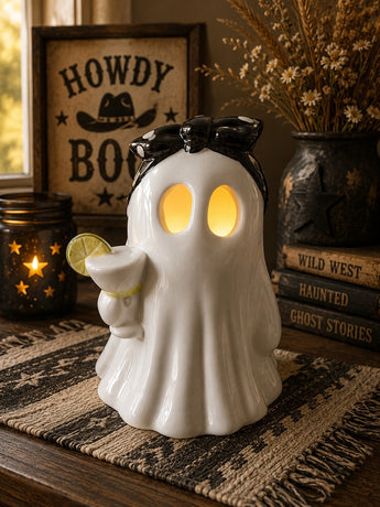New White Rockabilly Ghost Holding A Margarita Halloween Spooky Decor Figurine