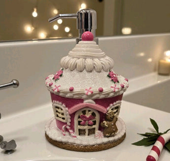 New Christmas Pink Cupcake Ginger Bread House Holiday Soap Dispenser Decoration
